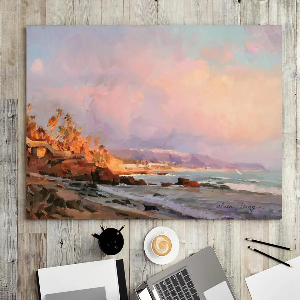 Home Decoration Print Canvas Wall Art Picture Poster Paintings Horizontal Modern oil painting Beach Sailboat Red Sky | Дом и сад