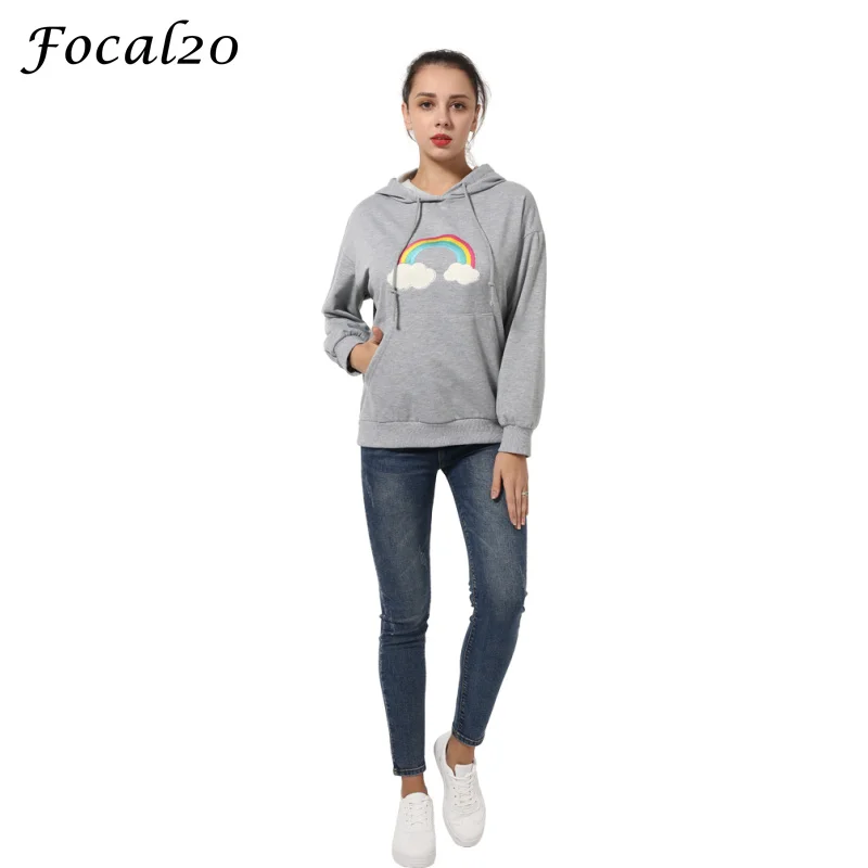 

Женские свободные толстовки Focal20 в стиле Харадзюку, толстовка большого размера с радужной вышивкой и капюшоном, спортивный костюм с длинным...