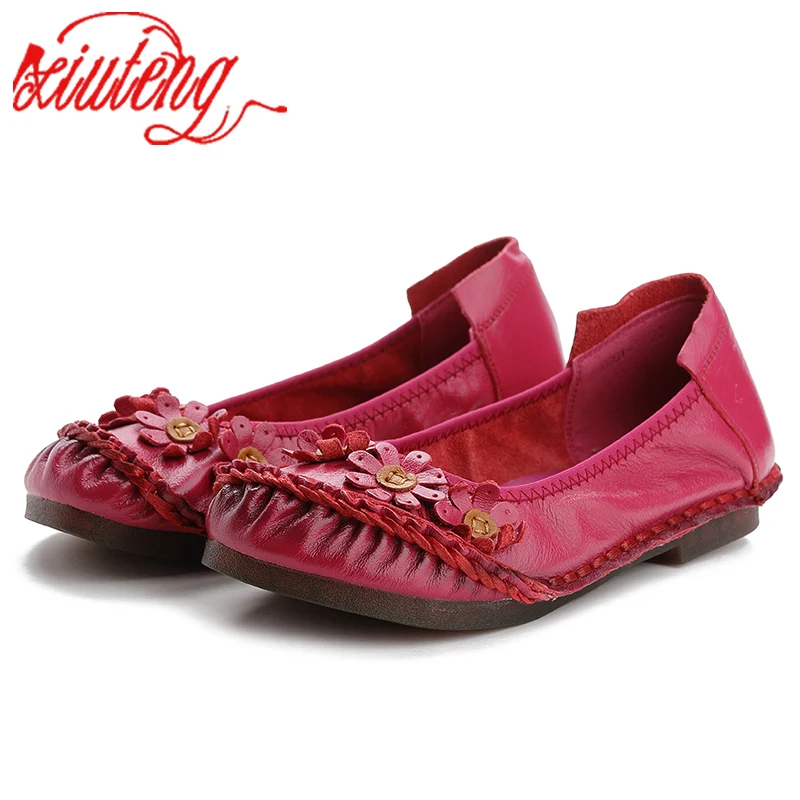 Xiuteng 2022 Summer Autumn Fashion Flower Design Round Toe Casual Women's Shoes National Wind Genuine Leather Women Flats Girl
