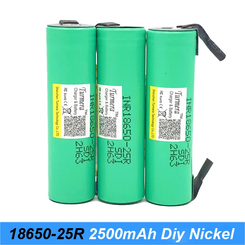18650 аккумулятор inr18650 25r 20a 2500mAh с полосками, припаянными для аккумуляторной отвертки для дрели turmera 18650