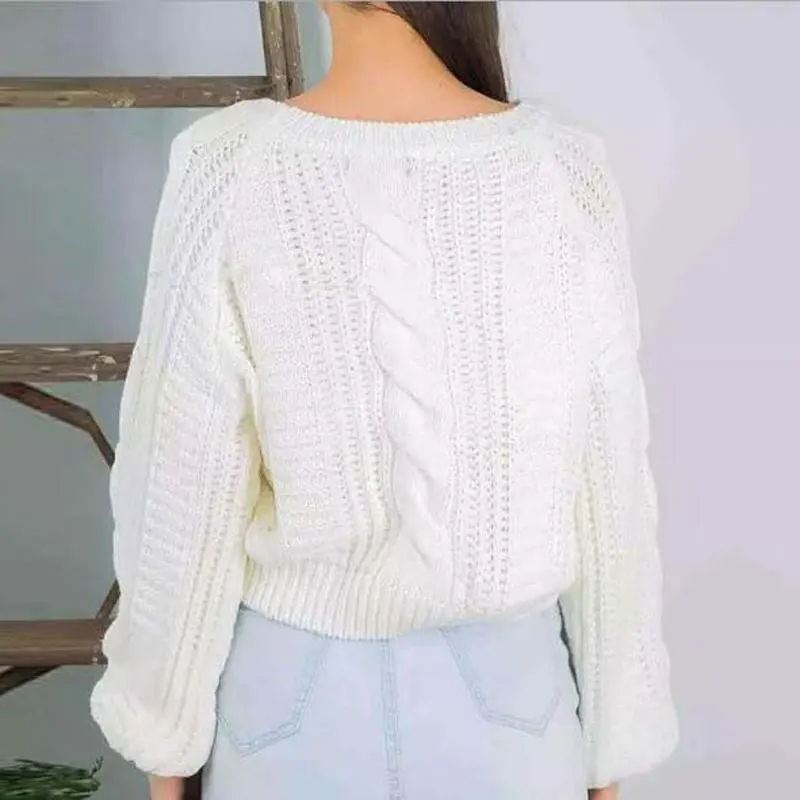 Autumn Short Knitted Sexy Sweater Women Pullover Crop Tops Winter White Lantern Sleeve O-Neck Warm Sweaters Female Pullovers | Женская