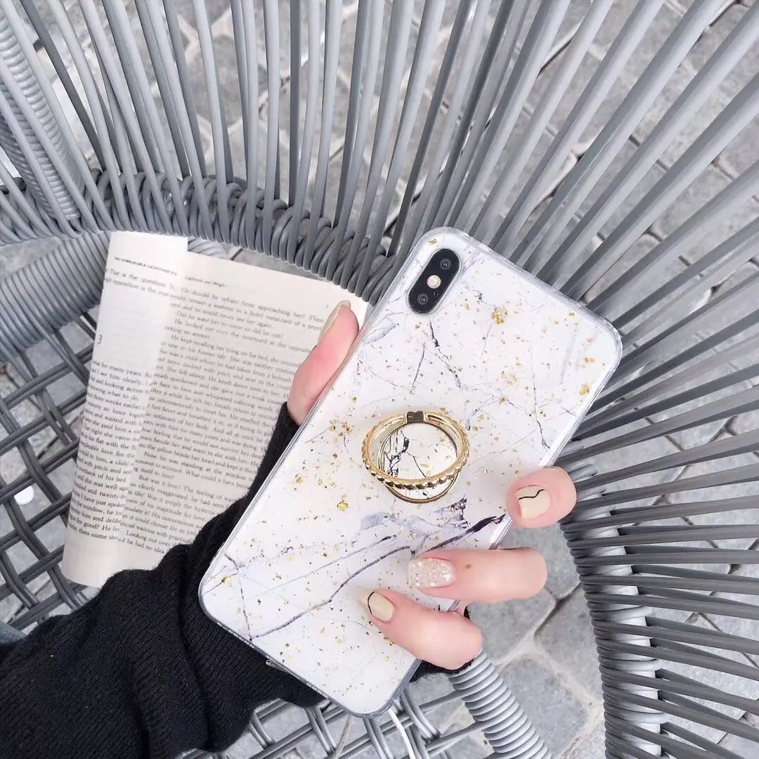 Gold Foil Bling Marble Phone Case for iPhone XR For XS 6s 7 8 Plus MAX with ring holder |