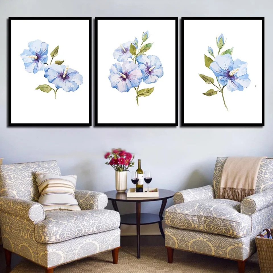 Beautiful Blue Watercolor Flowers Painting Minimalism Style Poster Modern Nordic Canvas Print Art Pictures Study Home Wall Decor | Дом и сад