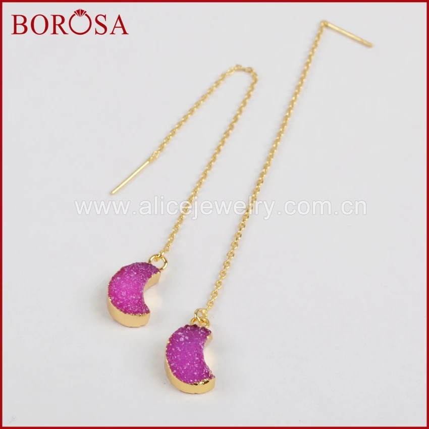 

BOROSA Gold Color Rainbow Titanium Druzy Moon Threader Earrings, Fashion Druzy Crystal Dangle Earrings Drop Earrings G1243
