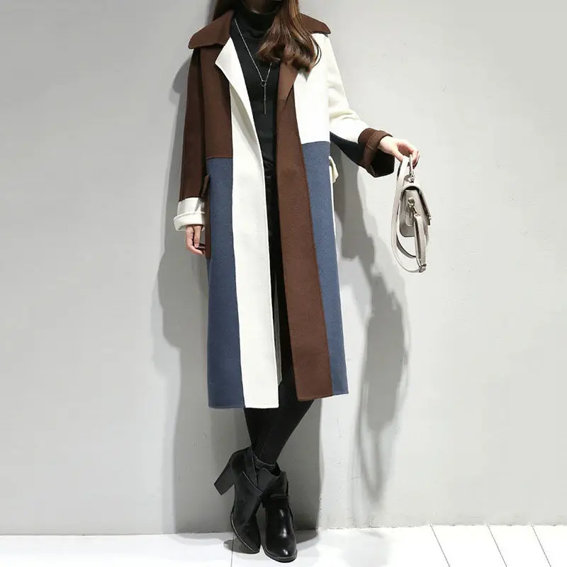 Женское длинное лоскутное пальто повседневное свободное шерстяное с карманами и