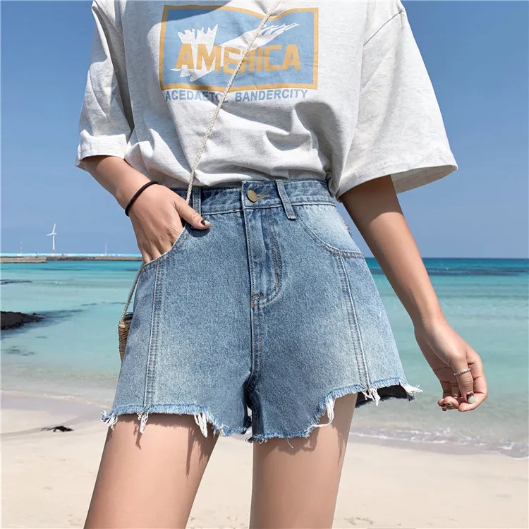 Лето 2019 новые Синие рваные джинсовые шорты женские летние модные прямые Уличная