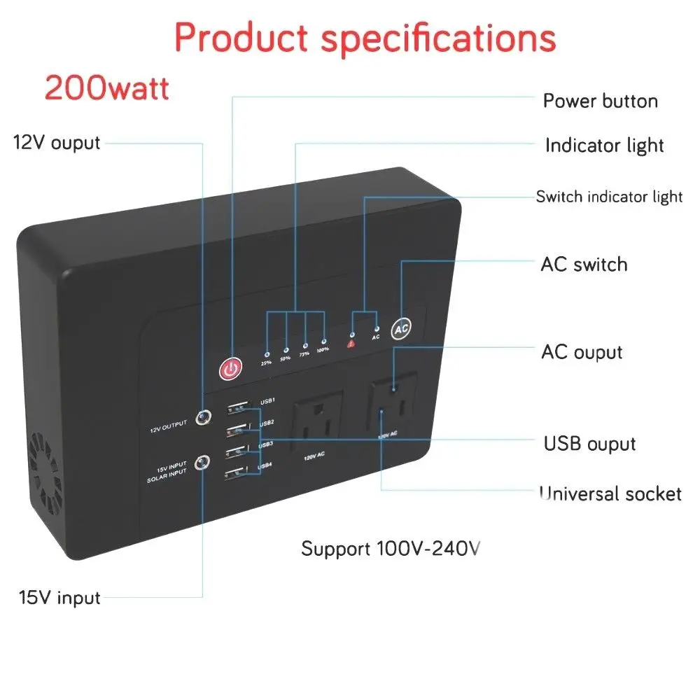 Портативный солнечный генератор 220В 110В переменного тока с выходом 4USB Emergency