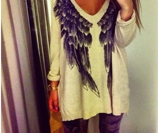 New 2015 Back Angel Wings Printed Novelty Women's T Shirt Women Punk long Sleeve T-Shirt Tops Homewear Casual Long Tshirt | Женская