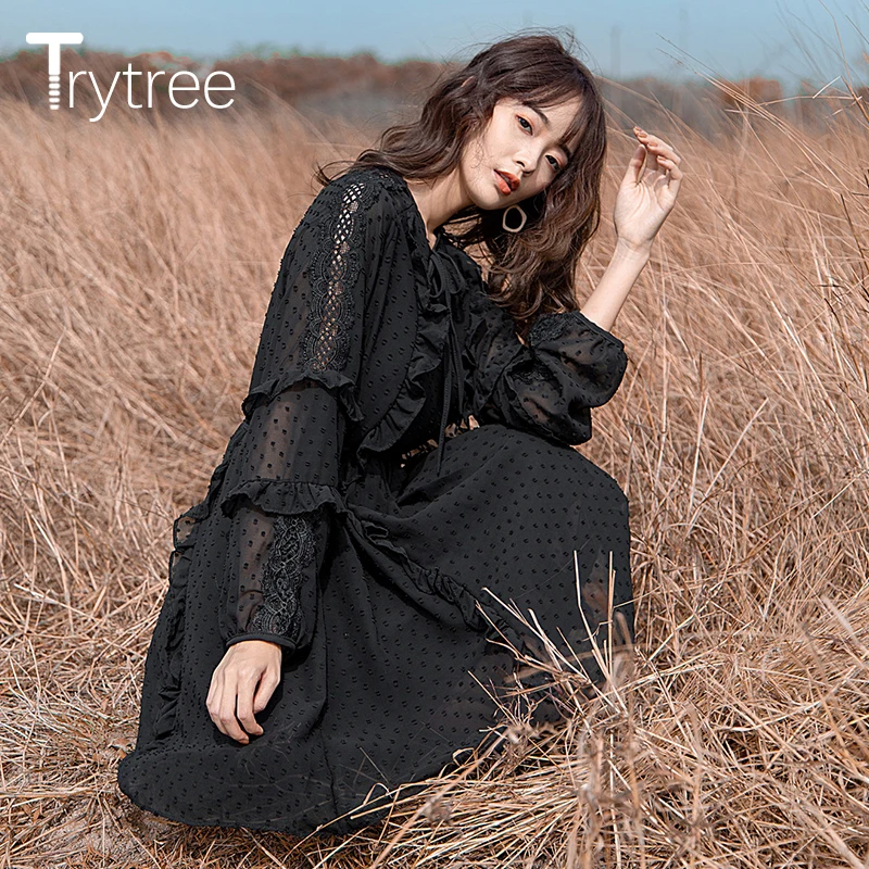 Женское романтичное платье в горошек Trytree повседневное однотонное