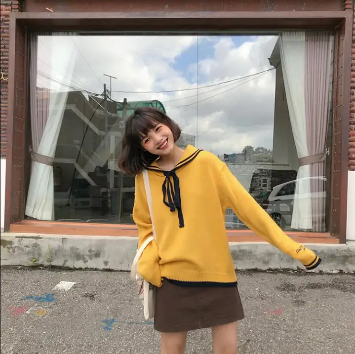 Для женщин свитеры для японский Kawaii Ulzzang Винтаж сладкий колледж Ветер с свитер женский корейский Harajuku костюмы - Цвет: Цвет: желтый