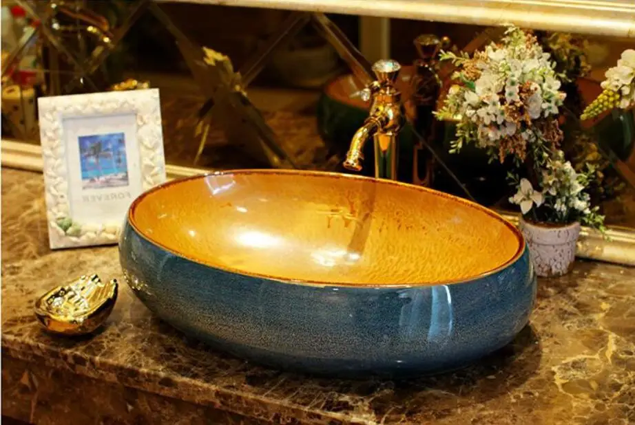 

Oval Bathroom Lavabo Ceramic Counter Top Wash Basin Cloakroom Hand Painted Vessel Sink 5006325