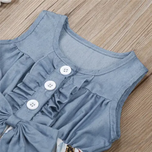 Summer Kid Baby Girl Sleeveless Denim Floral Ruffle Dresses Princess Party Patchwork Dress | Мать и ребенок