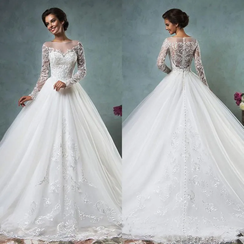 

Ball Gown Wedding Dresses 2016 Scoop Neck Long Sleeve Button Sweep Train Tulle and Lace Custon Made Bridal Gowns Dress Romantic