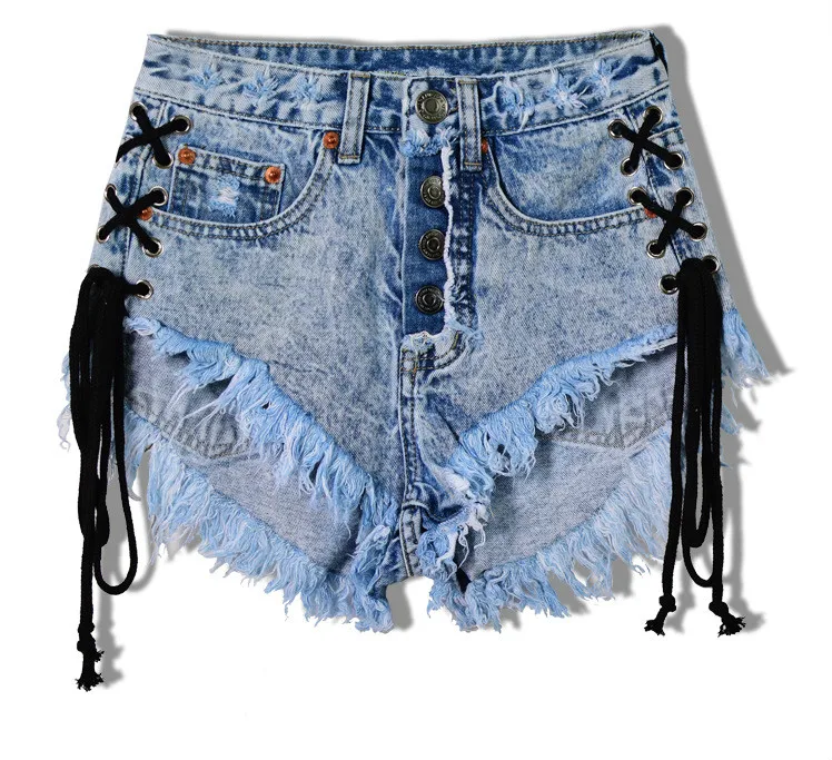 

Side Lace Up Denim Ripped Short Jeans Women 2018 Summer Sexy High Waist Light Blue Shorts Button Tassel Elastic Bandage Hotpants