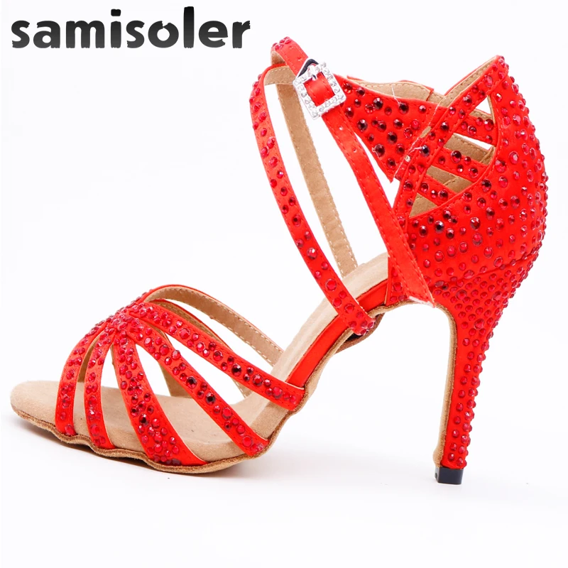 Samisoler Ladies Latin dance shoes Latin Dance Shoes Salsa Woman Satin  Soft Bottom Fashion Rhinestone Dance  Ballroom Shoes