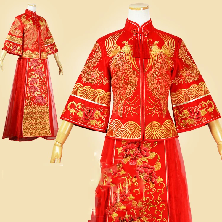 Тонкий вид Феникс Вышивка XiuHeFu Китайская традиционная свадьба Hanfu свадебное
