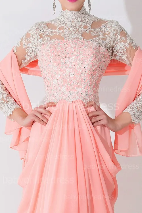 

FATAPAESE Elegant High Neck Coral Beaded Long Sleeve Lace Evening Dresses 2019 Floor Length Evening Dresses
