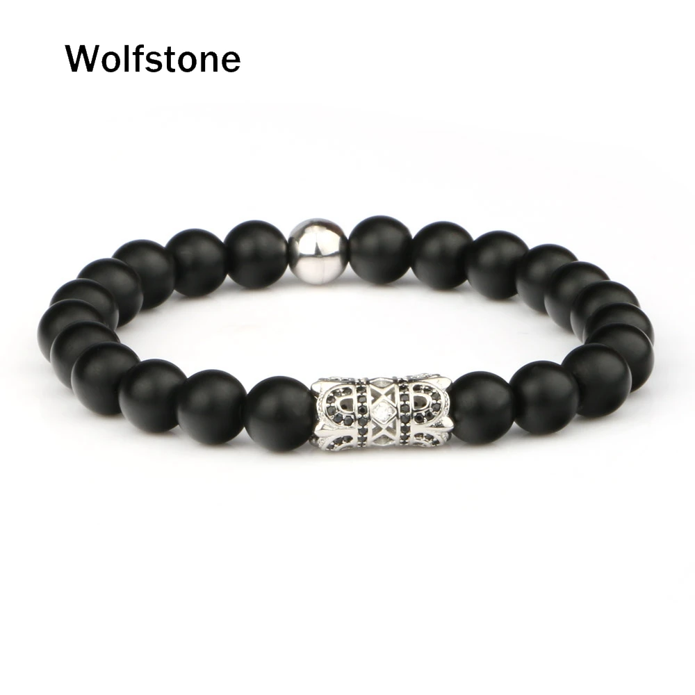 Wolfstone Мода Micro Pave CZ twin Корона 8 мм черный скраб оникс Бусины Браслет Fit Для мужчин