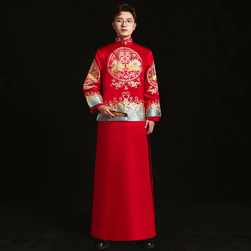 

Шоу мужской китайский стиль свадебное платье красная вышивка жениха вечернее платье кимоно куртка Тан костюм тост костюмы pratensis одежда