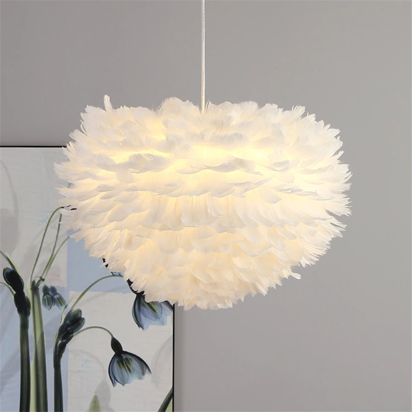 Nordic White Feather Pendant Lights Princess Room Girl Bedroom Living Study Hanging Lamps Modern Children De Fixtures | Лампы и