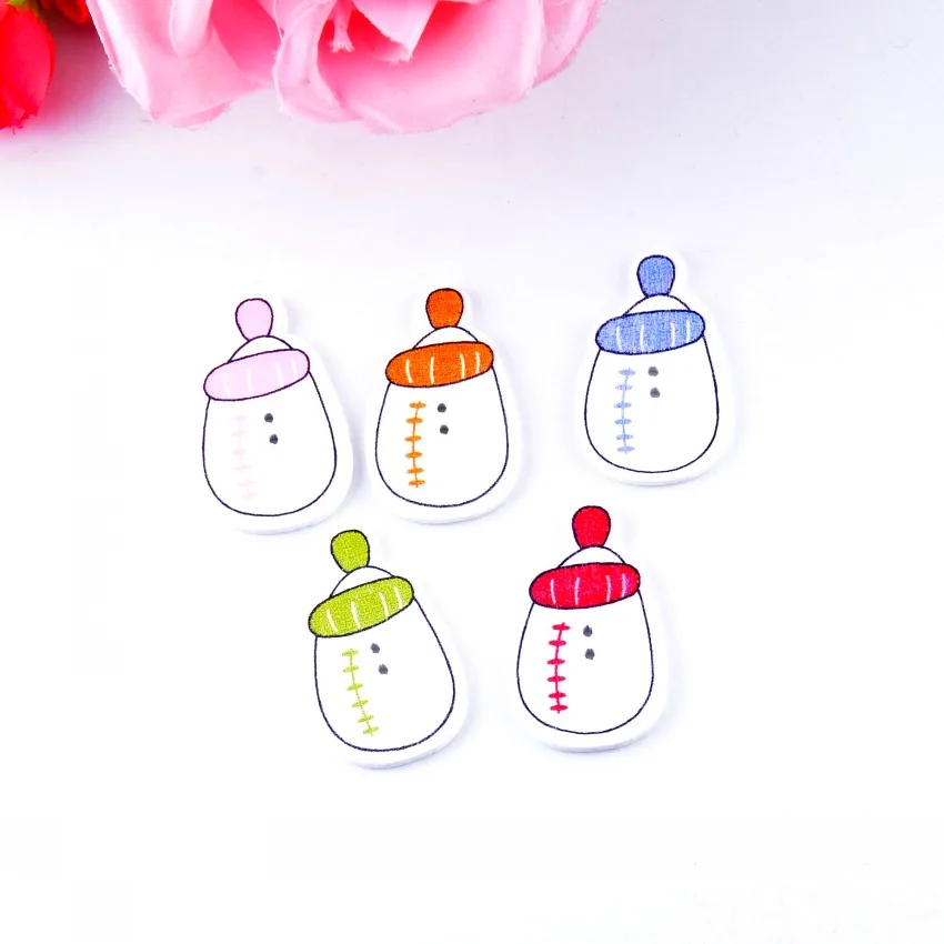 Бесплатная доставка, розница, 10 шт., разные цвета, 2 отверстия, узор, милая детская бутылочка, деревянные швейные пуговицы, скрапбукинг, 22x37мм