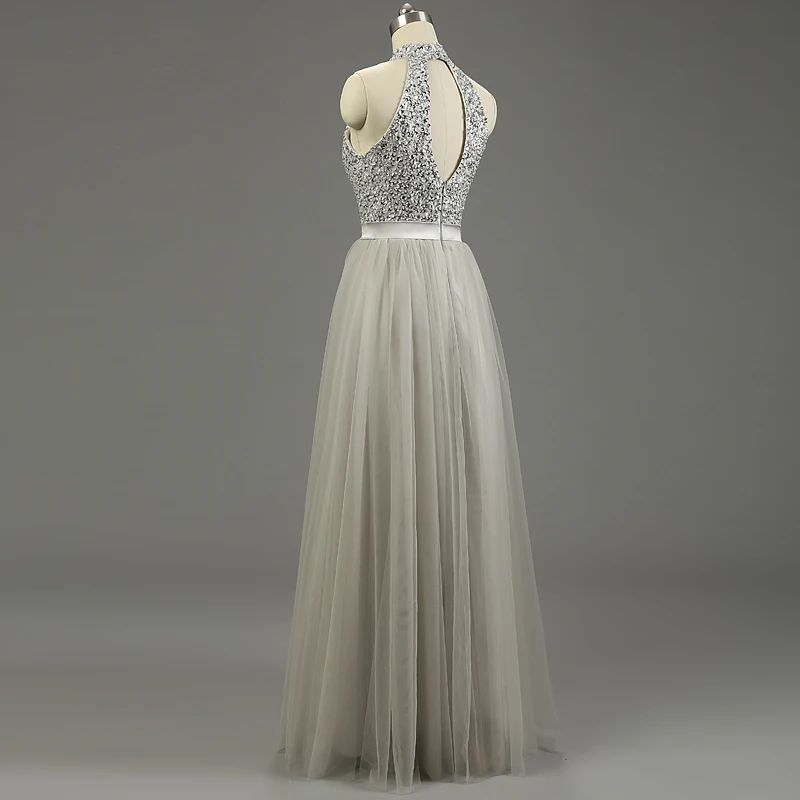 Мода 2017 г. Высокая шея блестками Длинные платье для выпускного вечера Тюль платья