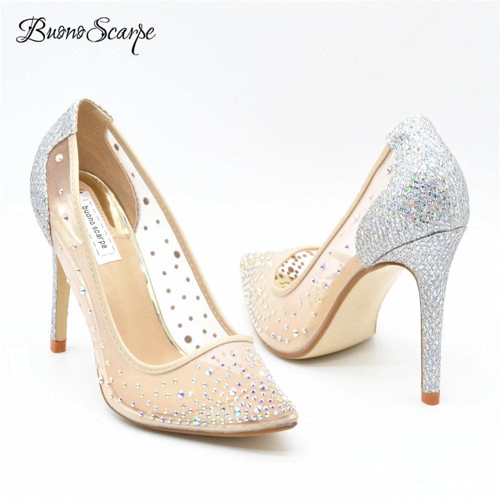 Buono Scarpe/Женская обувь с острым носком на каблуке, украшенная стразами; модная обувь серебристого цвета; туфли-лодочки на высоком каблуке; роскошные свадебные туфли для вечеринки