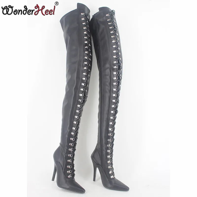 Wonderheel/Экстремально высокий каблук 12 см; на шпильке; высокие сапоги до колена ботинки с узким голенищем; матовая облегающие сапоги на шпильке; Фетиш Высокий каблук на шнуровке сапоги до промежности
