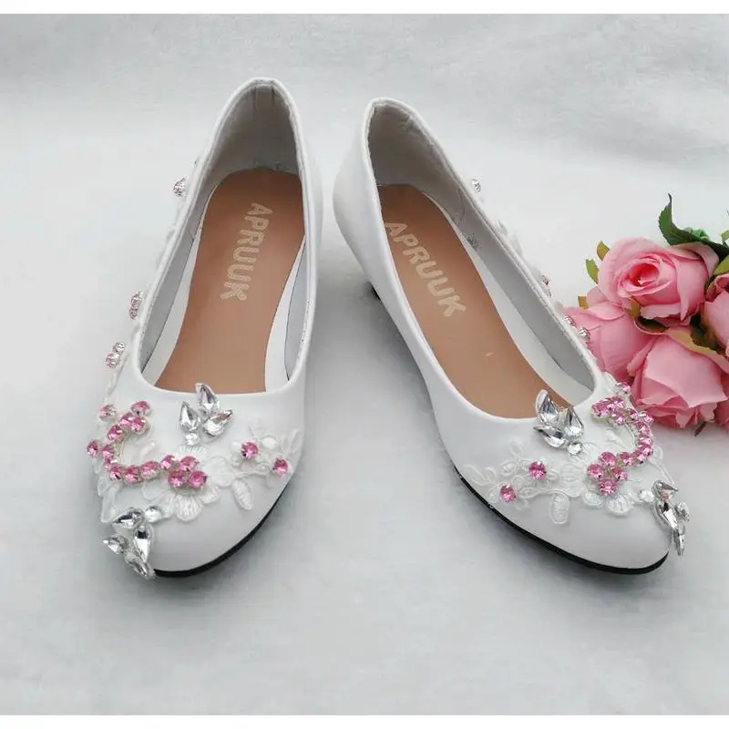 Pink crystal rhinestones wedding shoes bride white lace round toes small low heel lady female party proms dress | Обувь