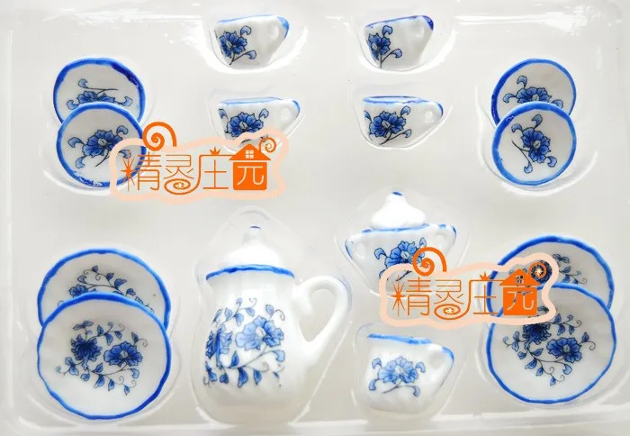 

A01-X376 children baby gift Toy 1:12 Dollhouse mini Furniture Miniature rement ceramics tea set 15pcs/set blue flower