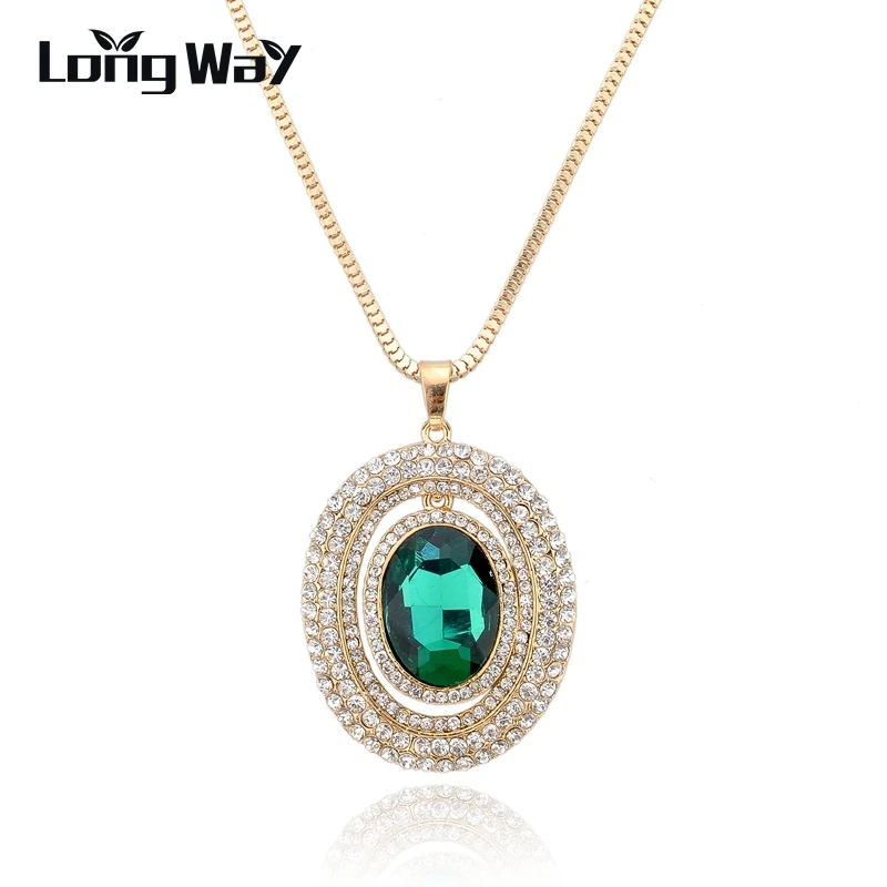 

LongWay Gold Color/Silver Color Chain Necklace For Women Austrian Crystal Pendant Necklace Green Long Sweater Necklace SNE140364