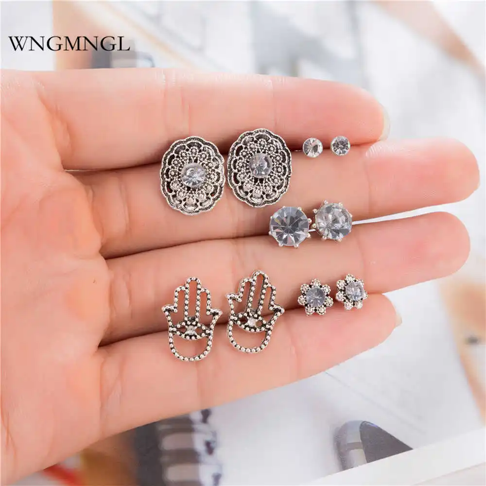 

WNGMNGL New 5 Pairs/Set Vintage Stud Earrings Boho Palm Round Gem Hollow Antique Silver color Earrings For Women Fashion Jewelry