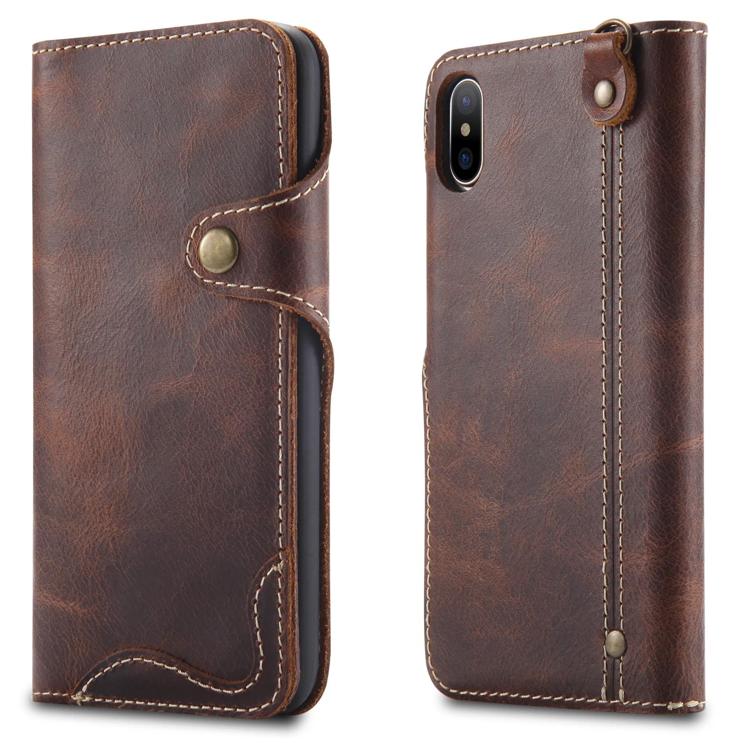 

Cowhide Genuine Leather Phone Case for iPhone 13 Pro 12 mini 11 Pro Max Xs Max XR X 8 7 6s 6 Plus Flip button Style Wallet Cover