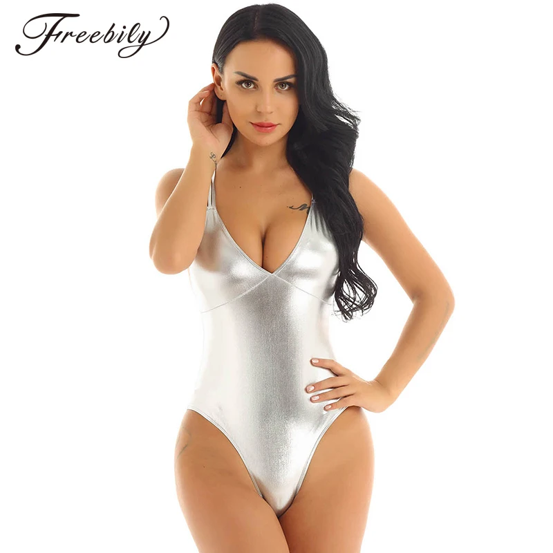 

Women Shiny Metallic One-piece Swimsuits Deep V Neck High Cut Leotard Bodysuit Catsuit Clubwear Sexy Club Costumes Bodystocking