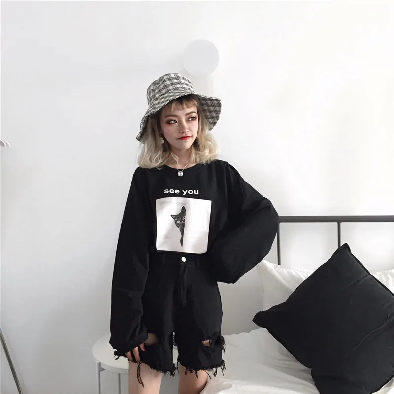 YouGeMan футболка Femme Осень корейский стиль Ulzzang Harajuku мультяшный принт длинный рукав футболка женская повседневная с o-образным вырезом топы