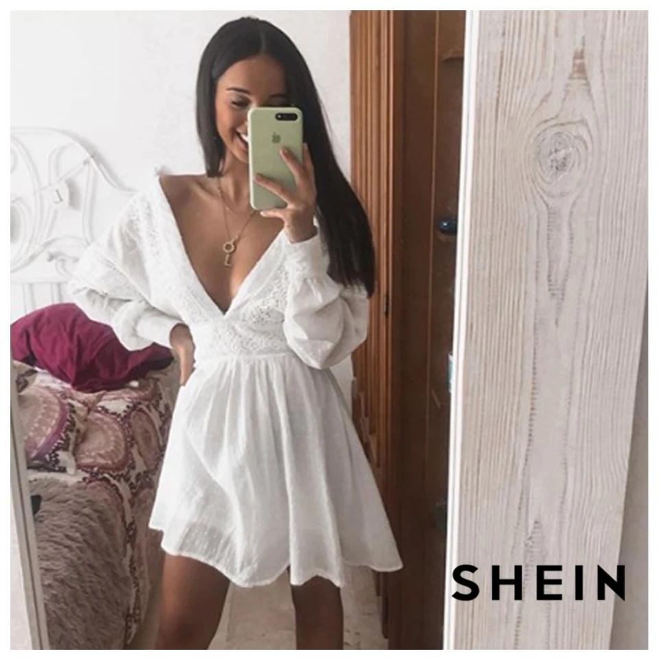 SHEIN Жаккардовое Платье С V-Образным Глубоким Вырезом И Кружевом Женское Весеннее Богемное Платье С Длинными Рукавами