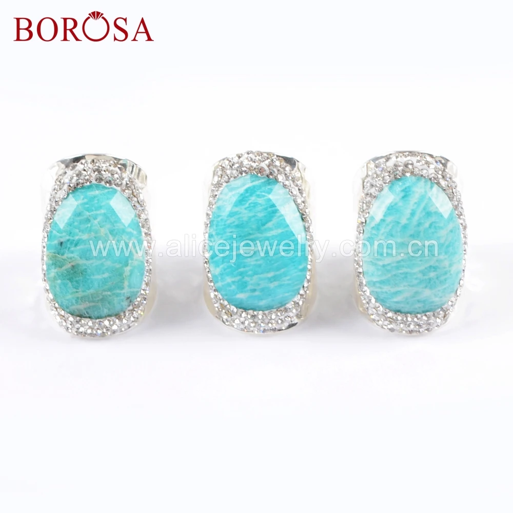 

BOROSA 5pcs Silver Color Rhinestone Pave Multi-kind Faceted Stones Rings Natural Austrlian Jades Drusy Ring Jewelry JAB946