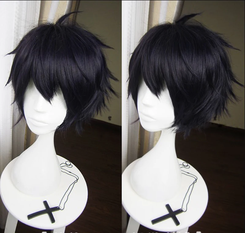 

High Quality Anime Seraph of the End Yuichiro Hyakuya Cosplay Wig Black Mix Blue Heat Resistant Synthetic Hair Wigs + Wig Cap