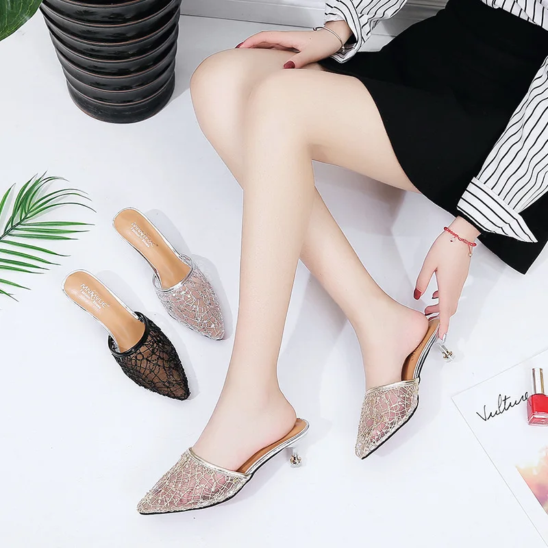 2018 Новая летняя обувь половина тапочки с низкой точки кружева пряжи Баотоу