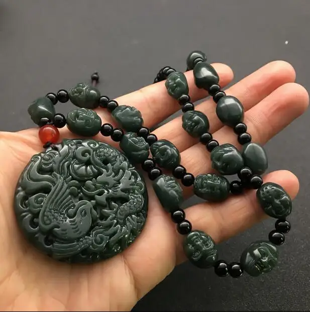 

natural carved Smiling Buddha copper HETIAN jade dragon Phoenix pendant China QINGYU green necklace pendants free shipping