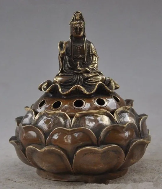 decoration brass factory Pure Brass Antique Chinese Old buddhist brass guanyin bodhisattva lotus incense burner