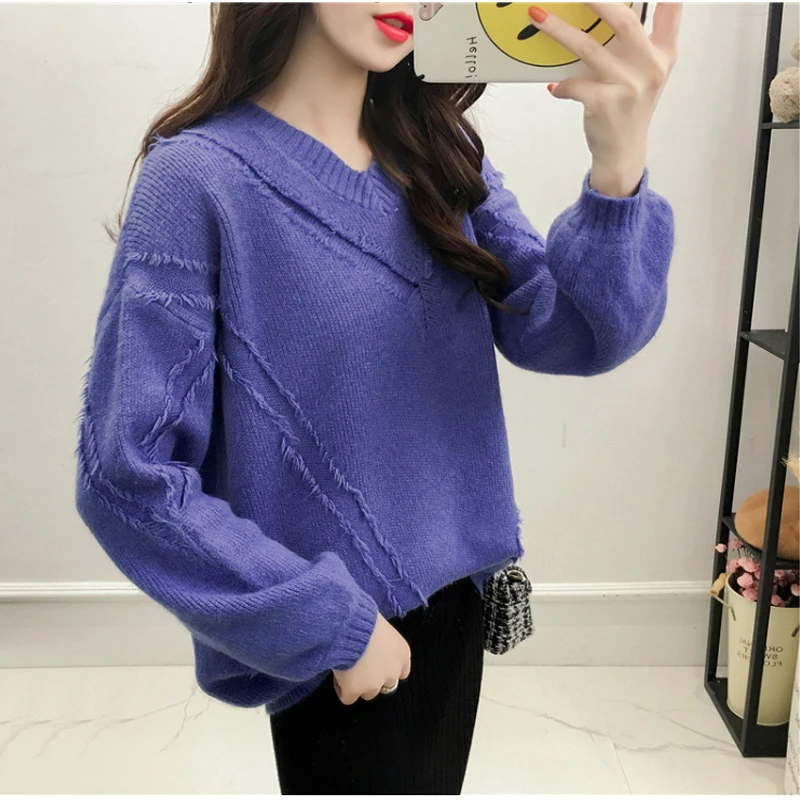 MY016 Sweater women new winter 2018 Sweet korean Loose Patchwork sweater female Solid pullover v-neck long sleeve sexy | Женская одежда