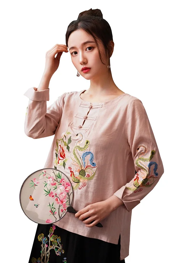 Шанхай история вышивка китайские блузки смесь льна хлопок Cheongsam рубашка Ципао национальная модная одежда 4 цвета - Цвет: Белый
