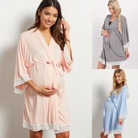 fashion lace sleepwear patchwork maternity pajamas three quarter sleeves dresses robe with belt pregnant womens clothings
