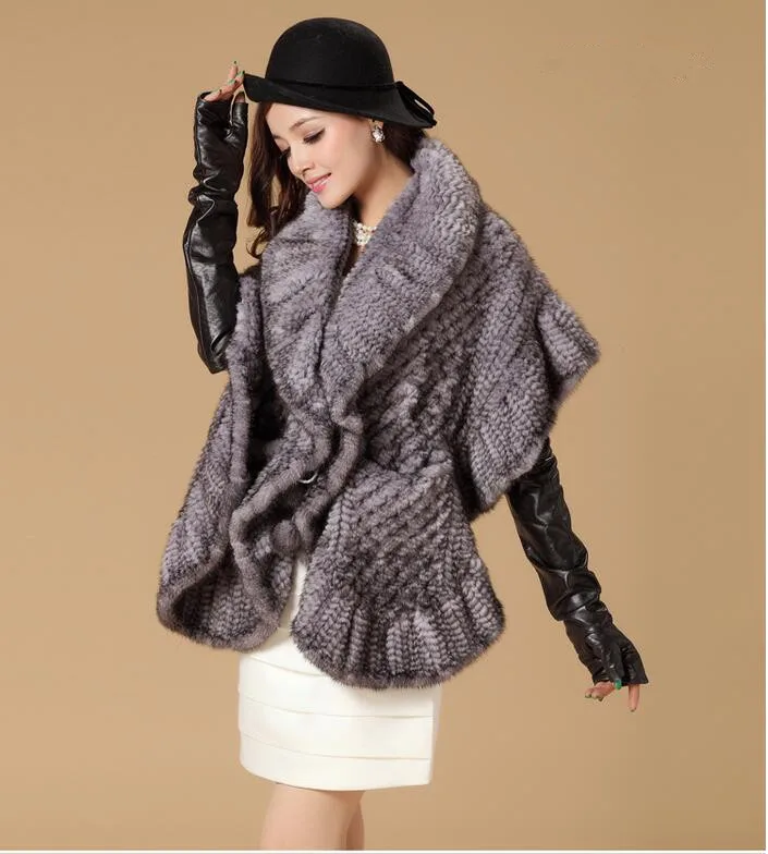 K241-осень зима теплая вязаная накидка с натуральной волосы черный Серый