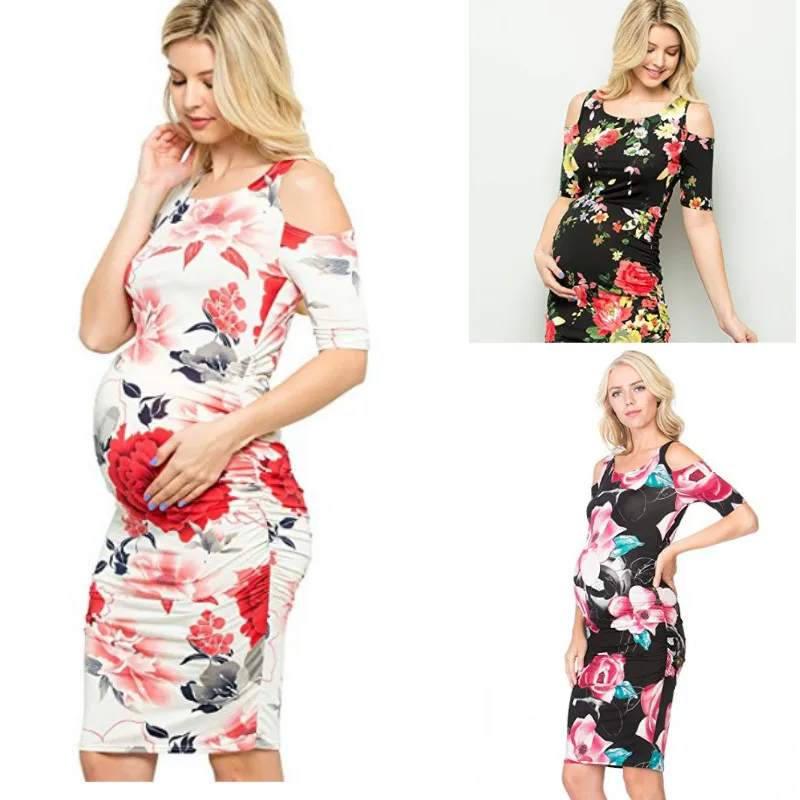 BONJEAN New Arrival Maternity Dress Off-the-shoulder Flower Printed Pregnant Fashion Summer Tight For Women | Мать и ребенок