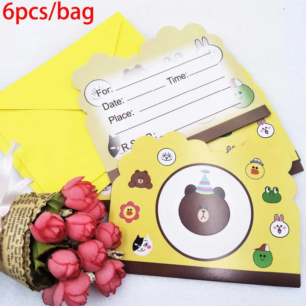 Invitation Card 6pcs Коричневый медведь Дети День рождения украшения набор вечерние принадлежности баннер на тарелке, чашке шляпа соломы Лут мешок рог вилка одноразовая посуда - Цвет: Invitation Card 6pcs
