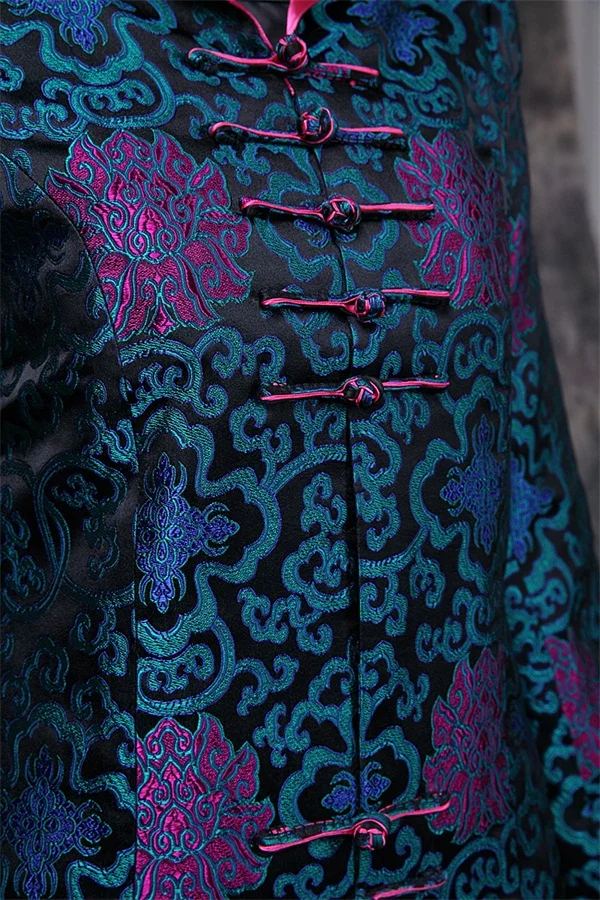 Синяя китайская женская атласная длинная куртка со скидкой классический стиль v