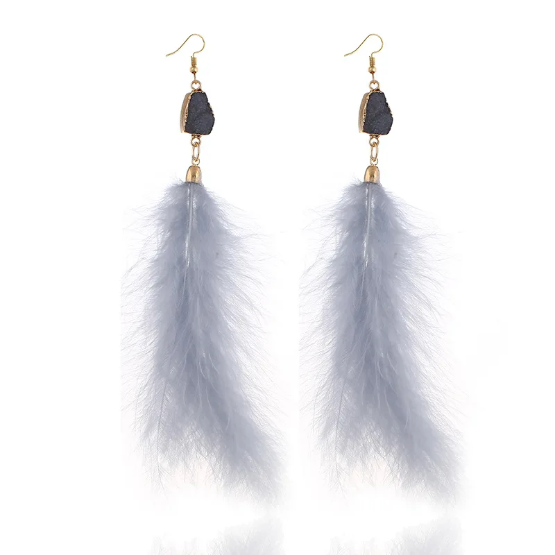 Богемные серьги с перьями страуса длинные кристаллами и кисточками висячие