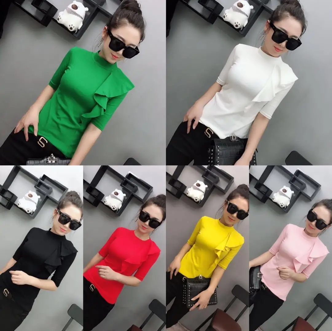 2020 Spring Half Sleeve O Neck Ruffles Cotton T-shirts Women Fashion Body Colorful Bodycone Tops | Женская одежда